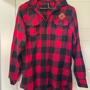 Red and Black Plaid Flannel Shirt Leather Details